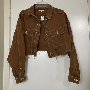 NEW Topshop brown denim cropped cutoff button down shirt size US 10